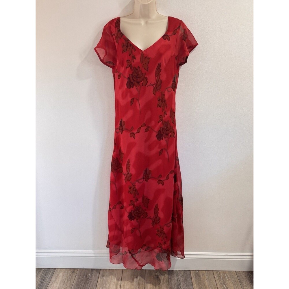Vintage 90s Shirt Dress Tu-Lips XL Maxi Floral Chiffon Red Fairy Whimsy Low Back